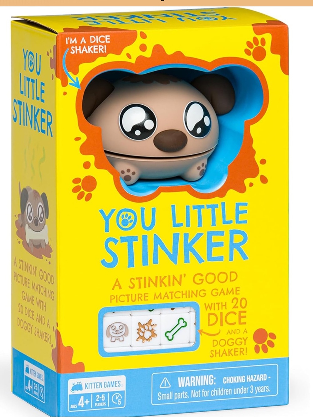 You Little Stinker Doggy Dice Shaker Game - Yellow Box